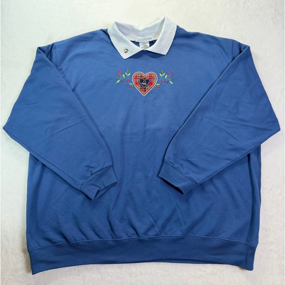 Country Store Womens 3X Blue Heart Plaid Embroidered Collared Sweatshirt